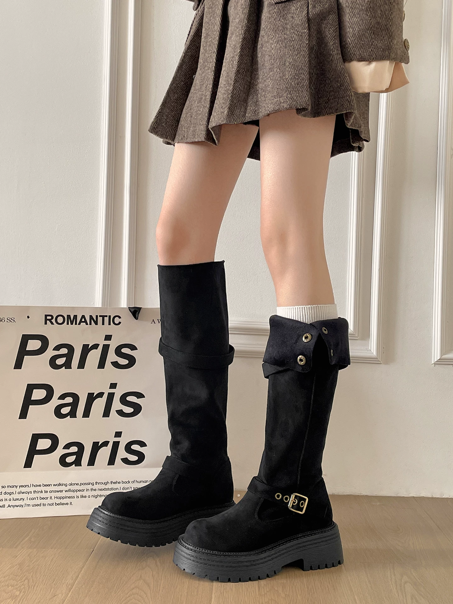 Giày bốt nữ cao cổ kiểu Anh, đế dày, lót lông cừu, màu kaki, mùa thu đông 2025, giữ ấm, đi ngoài trời, đi tuyết, đi cưỡi ngựa