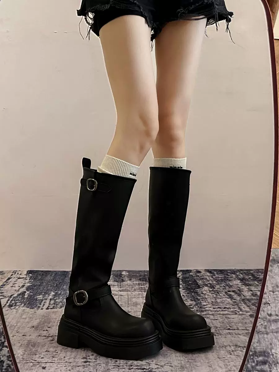 Giày bốt cao đến đùi đế xuồng chunky kiểu Mỹ màu đen dành cho nữ, mẫu mới thu đông 2025, kiểu dáng Anh, tôn dáng, kiểu đi cưỡi ngựa