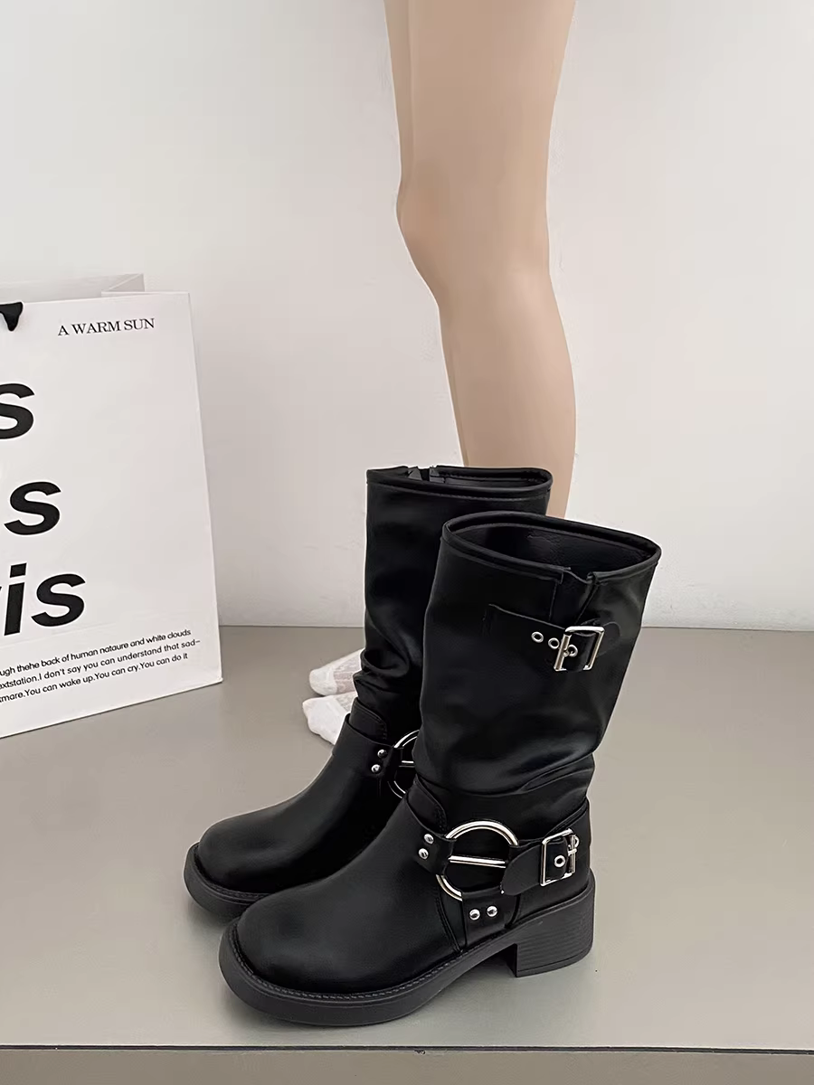 Giày cao bồi nữ kiểu Pháp phổ biến, đế dày màu nâu, mùa thu đông 2025, gót dày, kiểu cổ điển, tôn dáng, kiểu Martin