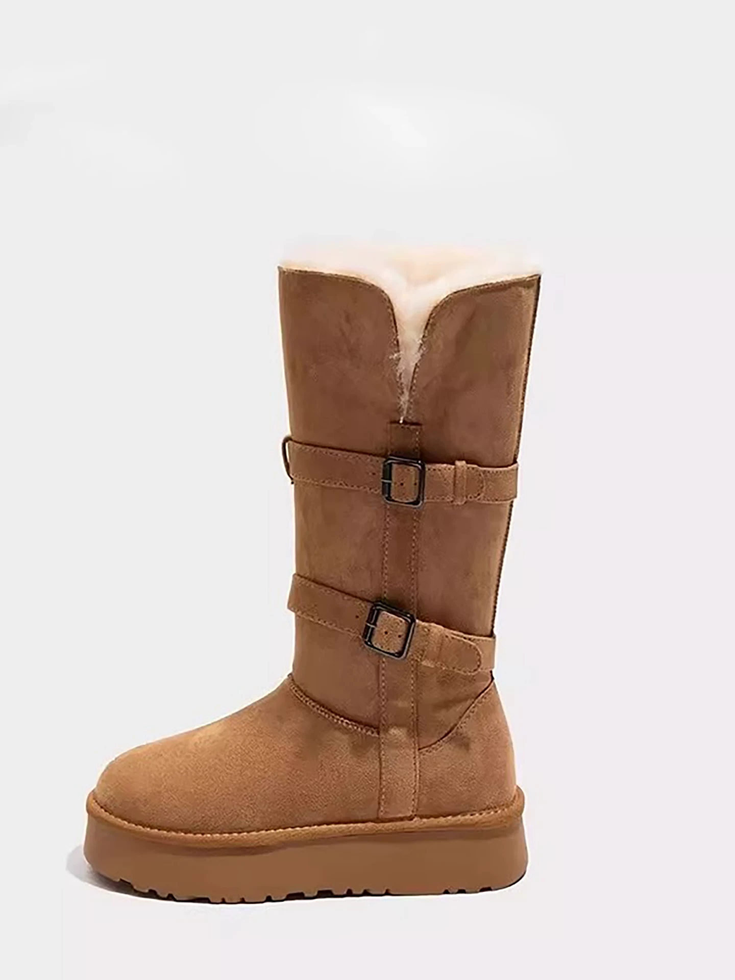 Giày bốt tuyết đế dày màu xám ấm dành cho nữ, kiểu dáng mùa đông mới 2025, lót lông cừu và dày dặn, kiểu bốt và giày bông cao đến giữa bắp chân.