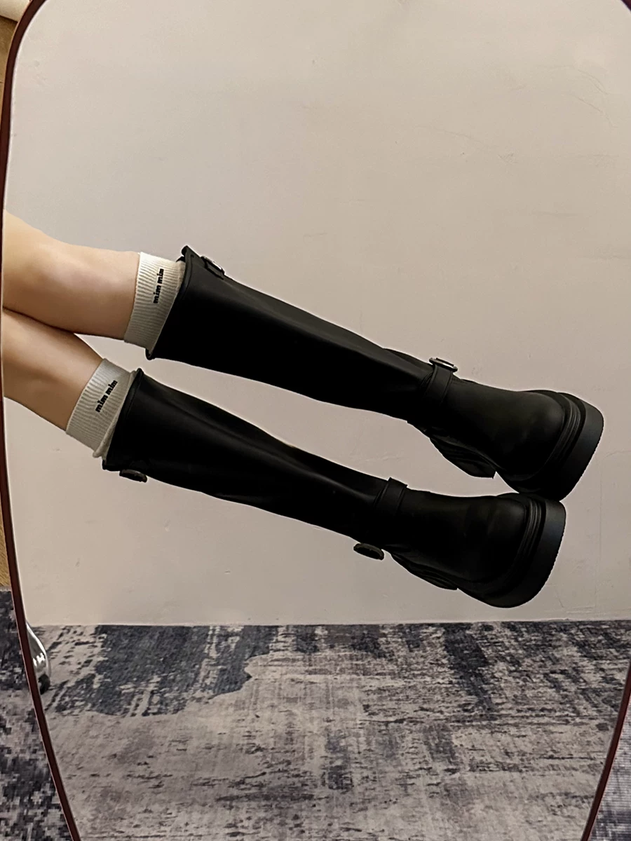 Giày bốt cao đến đùi đế xuồng chunky kiểu Mỹ màu đen dành cho nữ, mẫu mới thu đông 2025, kiểu dáng Anh, tôn dáng, kiểu đi cưỡi ngựa