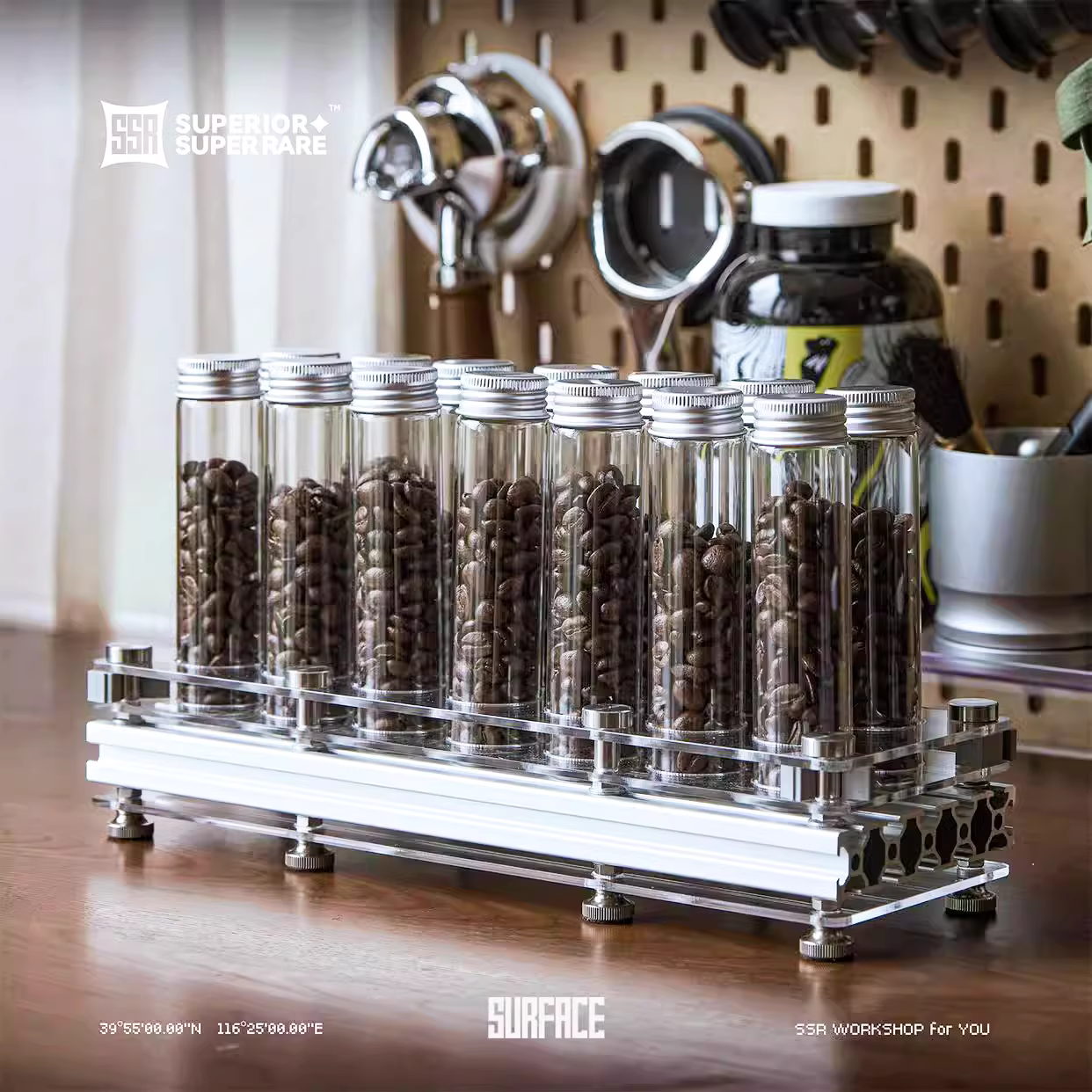 Bình đựng cà phê hạt SSR dạng ống nghiệm có van xả một chiều, bảo quản kín để ngâm cà phê và nếm hương vị, giá để bằng hợp kim nhôm