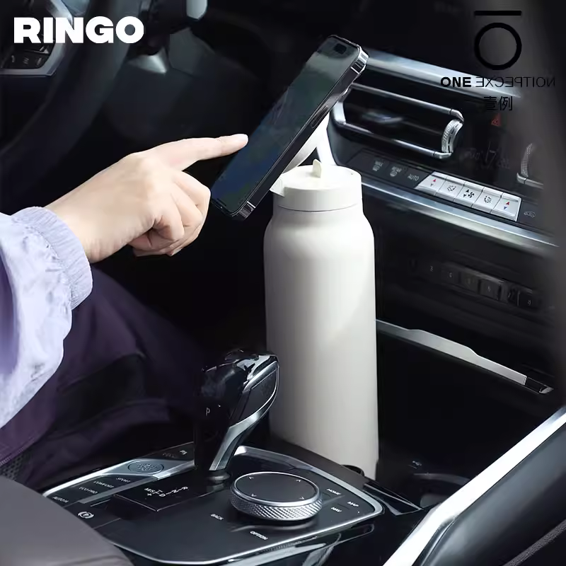 Cốc giữ nhiệt Ringo bằng thép không gỉ, tích hợp giá đỡ điện thoại để xem phim và chụp ảnh, kèm ống hút.
