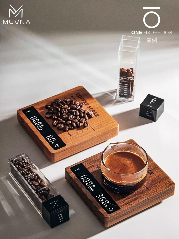 Cân điện tử MUVNA, gỗ nguyên khối, dùng cho cà phê espresso pha thủ công, hạt cà phê và bột, chuyên dùng để đo thời gian và cân chính xác, hình khối nhỏ.