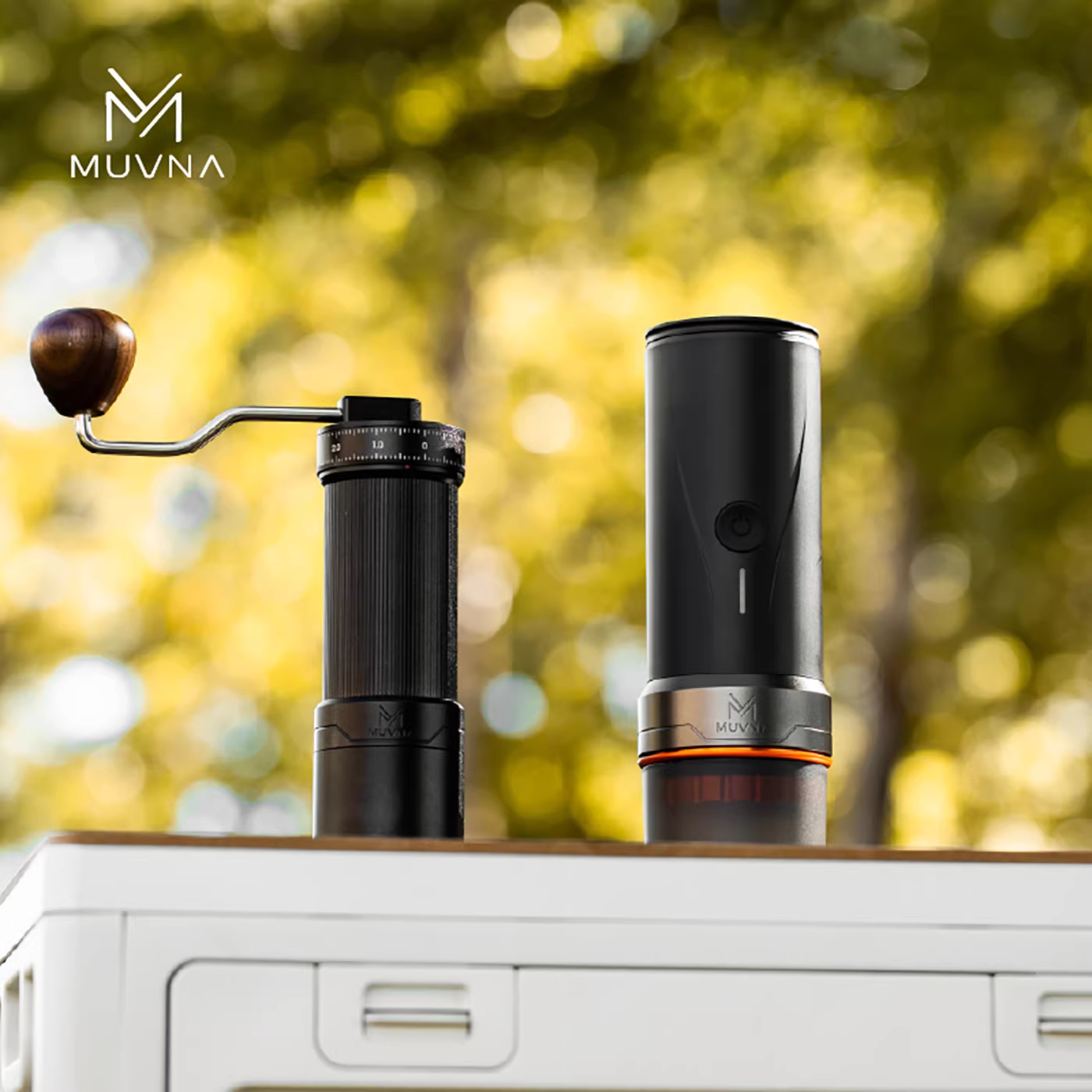 Máy pha cà phê espresso di động MUVNA dùng cho du lịch ngoài trời và sử dụng tại nhà, tích hợp chức năng pha cà phê và xay hạt.