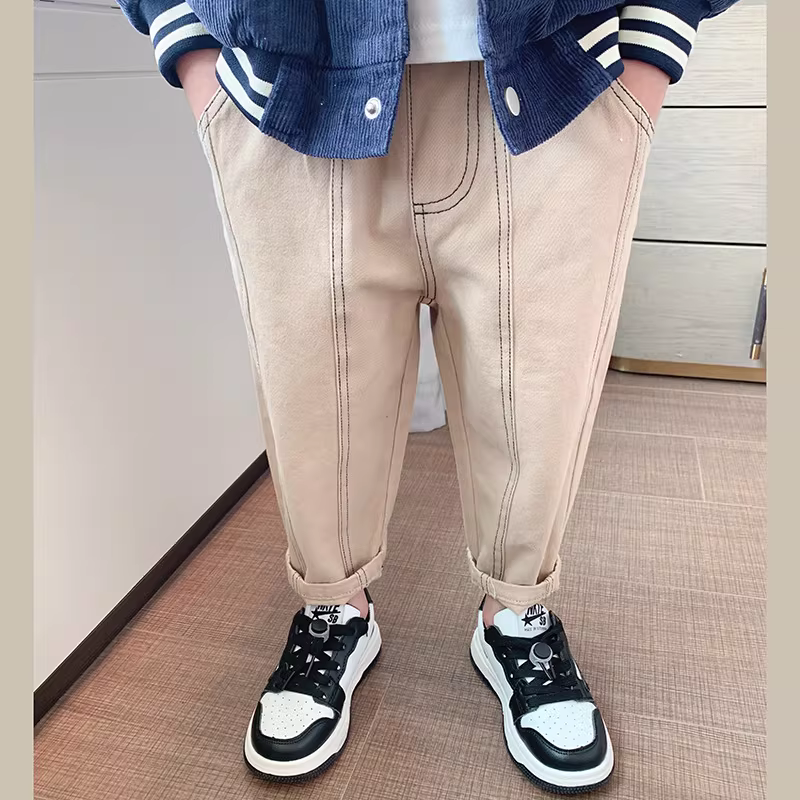 Quần dài denim dệt may trẻ em nam phong cách Hàn Quốc mới xuân 2025, đa năng, chất liệu cotton, thời trang xuân thu