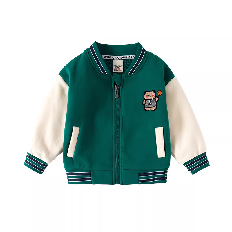 Áo khoác bóng chày trẻ em thời trang 2025, quần áo trẻ em mùa xuân đông, áo thun thêu hoạt hình ấm áp cho bé, áo khoác nỉ có khóa kéo cho trẻ em