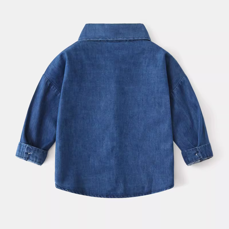 Áo sơ mi denim bé trai, kiểu xuân thu mới, áo sơ mi dài tay thêu họa tiết thời trang và sành điệu cho bé, áo trẻ em phong cách Hàn Quốc