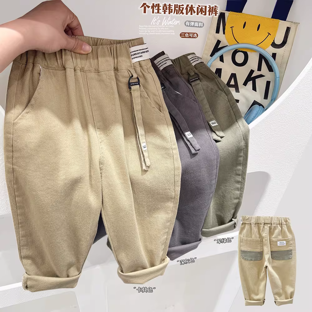 Quần dài bé trai xuân thu 2025, quần thường ngày trẻ em, màu trơn đơn giản, thể thao, mùa xuân, chất liệu cotton nguyên chất mỏng, thời trang, size 94