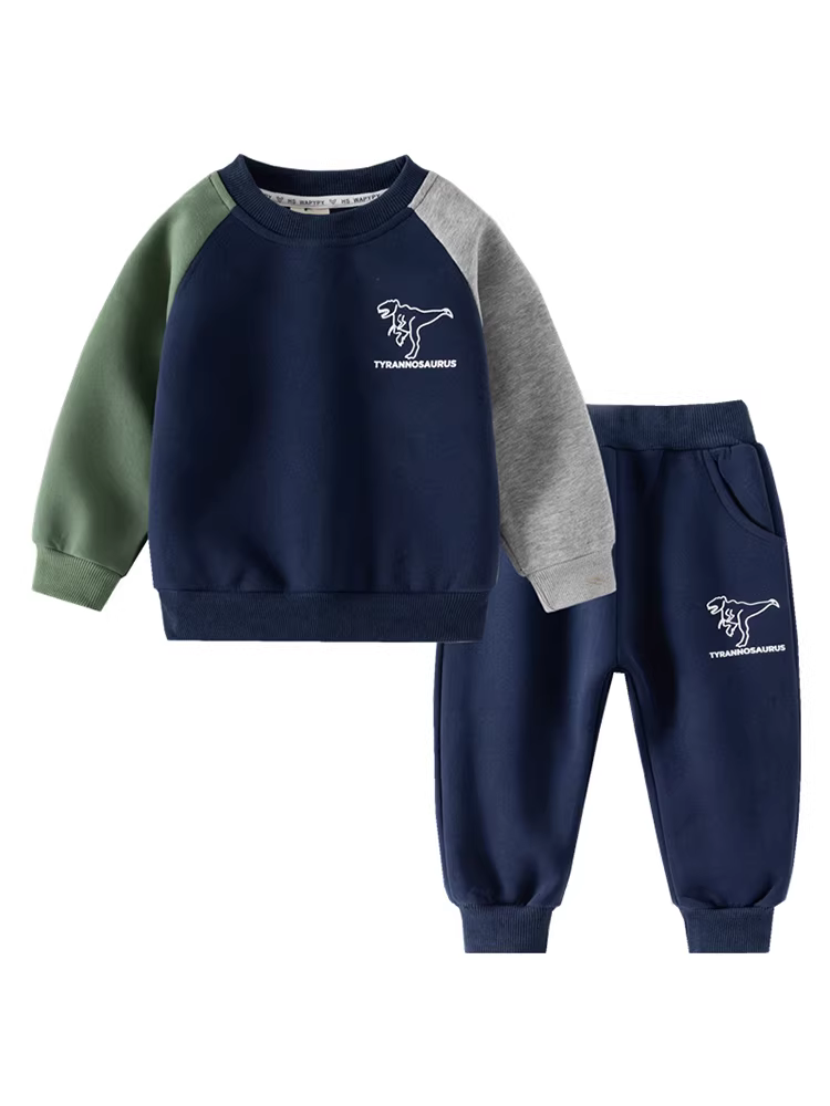 Bộ áo thun bé trai 2025 mới in hình khủng long phối màu tay dài quần dài bộ thể thao trẻ em 2 món thời trang