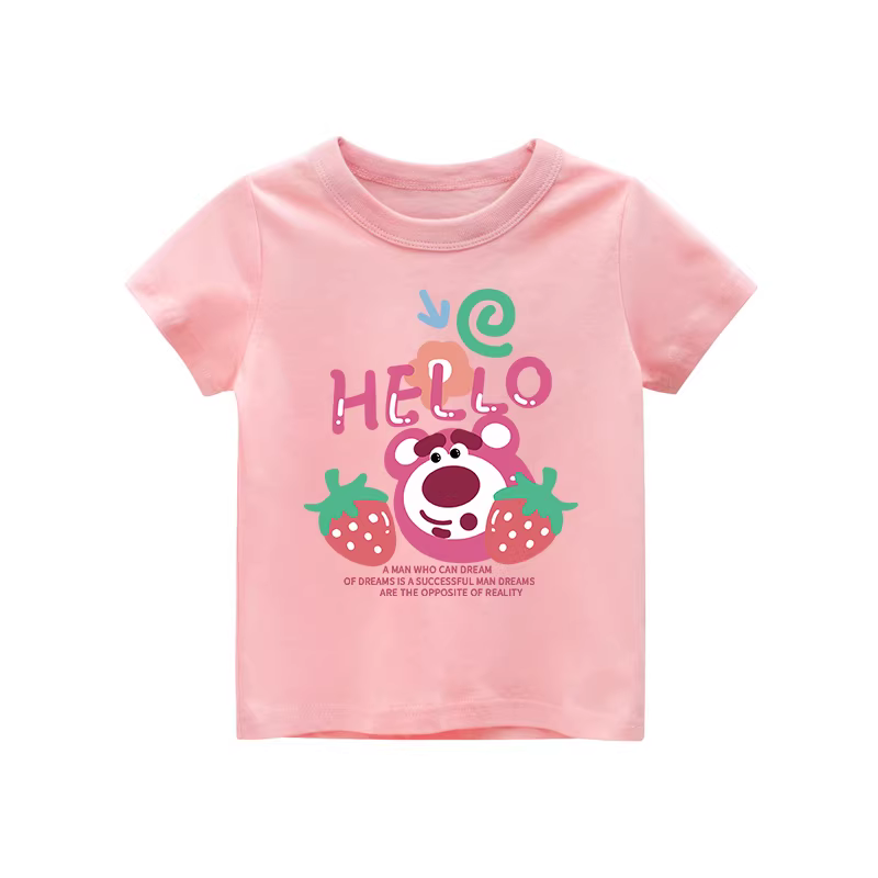 Áo thun bé gái tay ngắn chất cotton nguyên chất thời trang 2025 họa tiết Gấu Dâu mới lạ, kiểu dáng sành điệu mùa hè dành cho bé gái