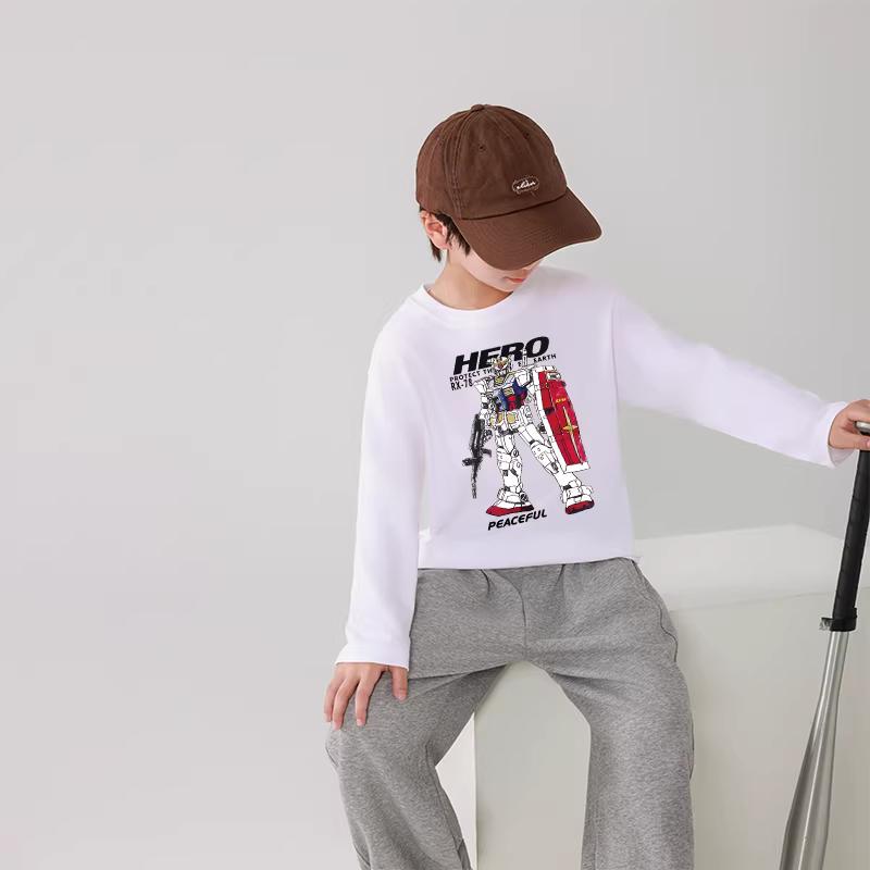 Áo thun dài tay thời trang, chất liệu cotton nguyên chất, phong cách xuân thu, mẫu mới 2025, áo bé trai robot, áo cổ tròn.