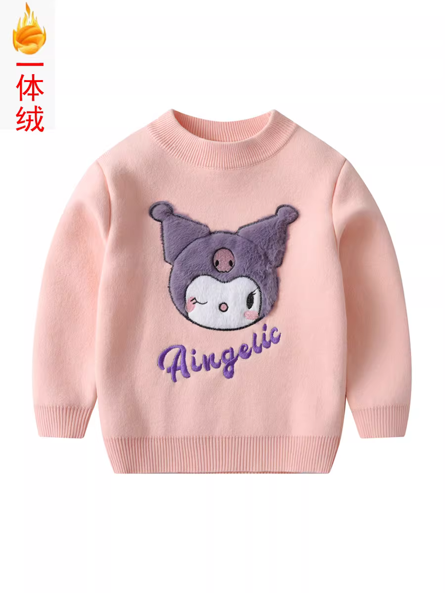 Áo len dày lót lông cừu cho bé gái mùa đông phong cách mới cổ tròn hoạt hình áo sơ mi cotton dệt kim thời trang trẻ em hợp thời trang