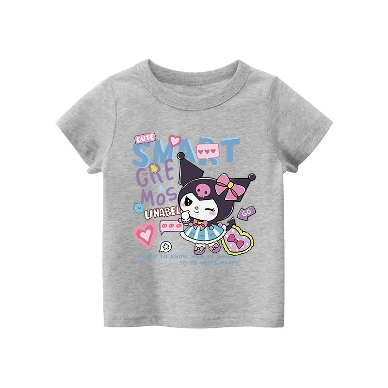 Áo thun ngắn tay 100% cotton hợp thời trang cho bé gái, kiểu dáng mỏng mùa hè, áo Kuromi thời trang cho bé gái, xu hướng quần áo trẻ em.