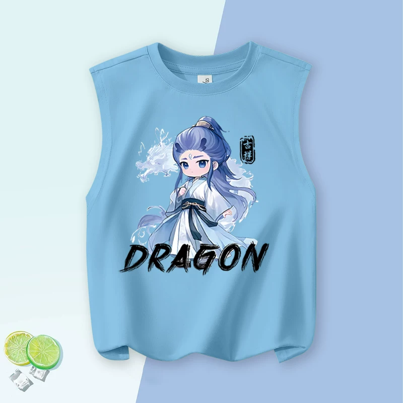 Quần áo trẻ em, áo ghi lê trẻ em, áo thun thể thao cổ tròn chất liệu cotton nguyên chất mùa hè cho bé trai, áo thun không tay cho bé trai và bé gái.