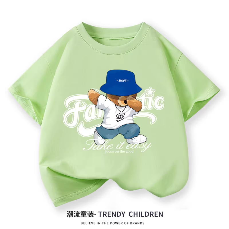 Trang phục mùa hè mới năm 2025 dành cho trẻ em, áo thun ngắn tay cổ tròn màu đen, thiết kế hình chú gấu ngộ nghĩnh cho bé trai và bé gái, áo thun cotton nguyên chất thời trang, hợp xu hướng