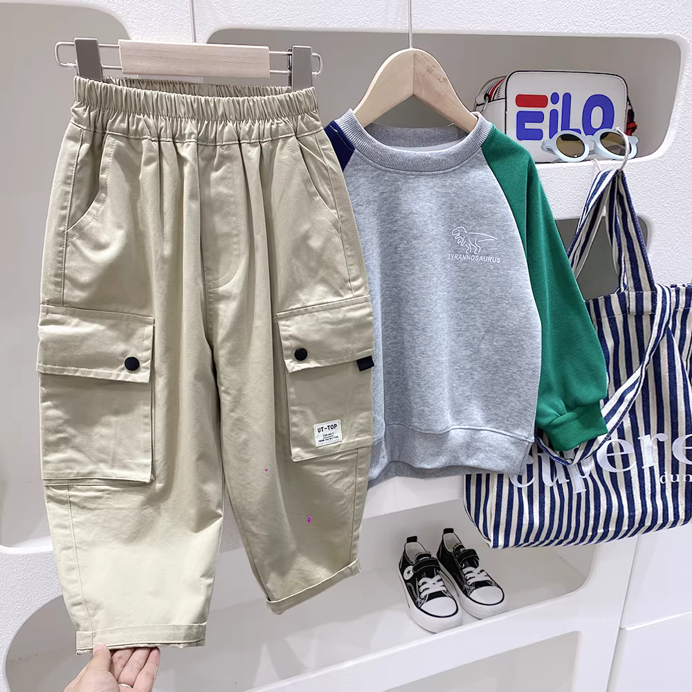 Quần cargo trẻ em cho bé trai, kiểu mới xuân 2025, quần trẻ em đa năng, túi lớn, thời trang xuân thu cho bé