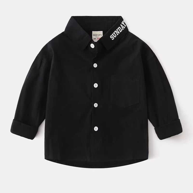 Áo sơ mi cotton nguyên chất cho bé trai có thêu chữ, áo sơ mi dài tay cổ rộng có cổ rộng màu trơn phong cách Hàn Quốc mùa thu mới dành cho trẻ em