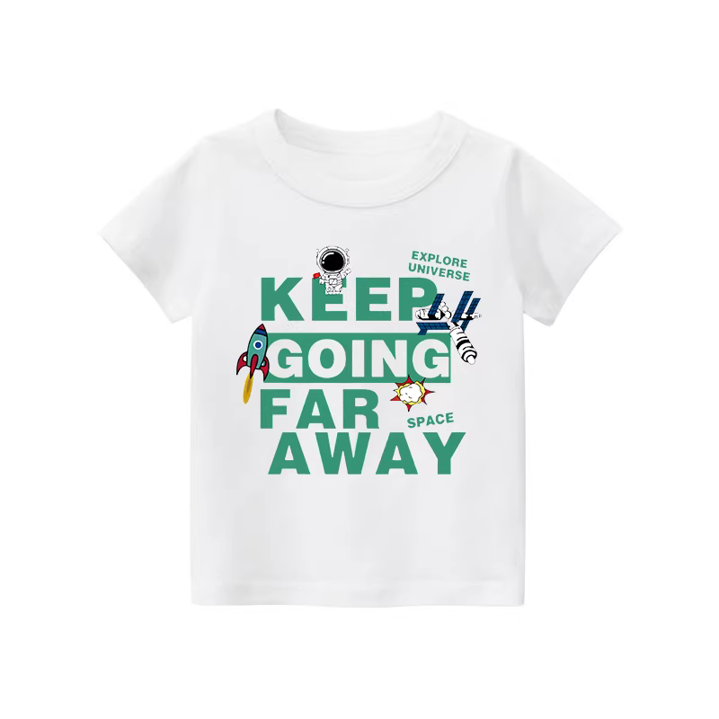 Áo thun ngắn tay cotton nguyên chất cho bé trai, chất liệu cotton nguyên chất, mỏng và thoáng khí cho mùa hè, thiết kế hình tàu vũ trụ, dáng rộng, áo kiểu dáng đơn giản hợp thời trang.