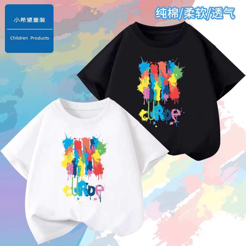 Áo thun ngắn tay Little Hope in họa tiết graffiti thời trang, dáng rộng cho mùa hè, quần áo trẻ em thông thường, áo cotton nguyên chất cho bé trai.