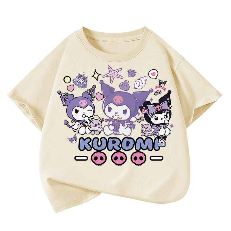Áo thun ngắn tay 100% cotton nguyên chất cho bé gái, cổ tròn, mặc mùa hè, phong cách hoạt hình Nhật Bản, quần áo rộng rãi hợp thời trang cho trẻ lớn, tay lửng.