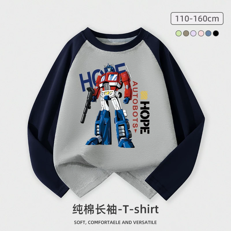 Áo thun dài tay bé trai 100% cotton Quần áo xuân thu 2025 Quần áo robot hoạt hình cho bé trai Áo trẻ em cỡ vừa và lớn