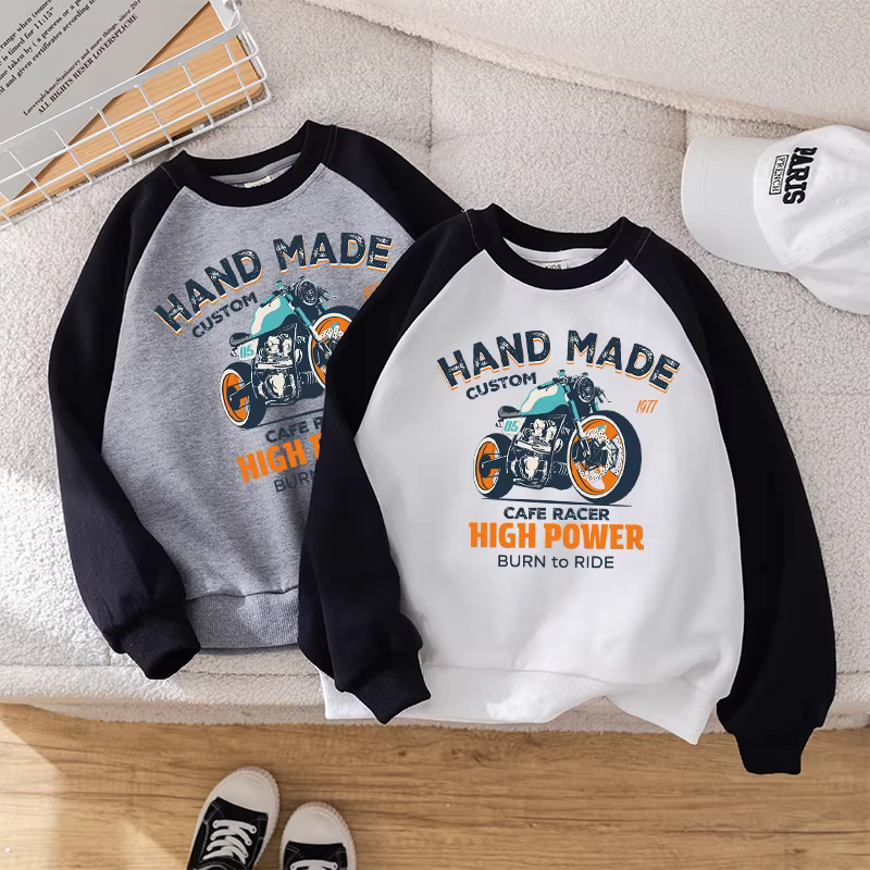 Áo len trẻ em mùa xuân thu kiểu dáng mới tay raglan cỡ vừa và lớn quần áo trẻ em hoạt hình xe máy áo chui đầu hợp thời trang cho bé trai