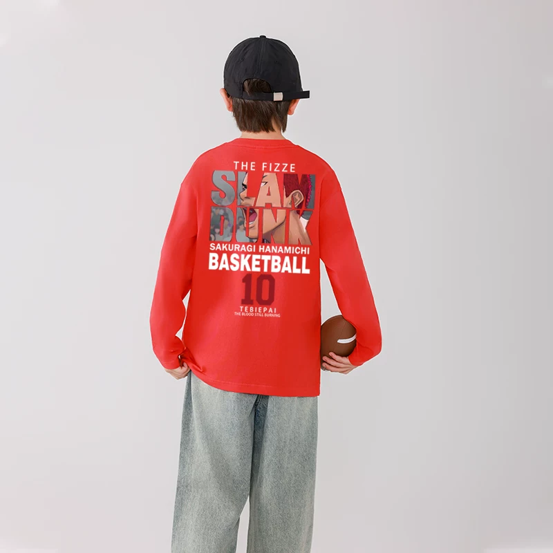 Áo thun dài tay bằng cotton nguyên chất dành cho trẻ em có thiết kế hoạt hình Slam Dunk, dáng rộng vừa vặn cho mùa xuân và mùa thu, quần áo trẻ em cỡ vừa và lớn, áo sơ mi cơ bản cho bé trai, hợp thời trang.