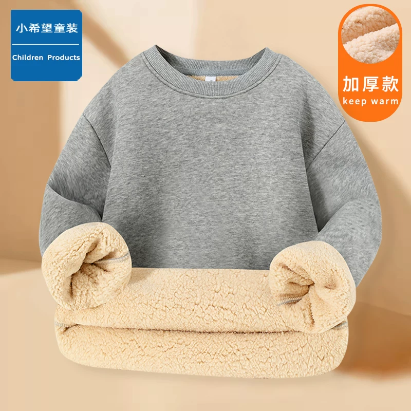 Áo len dày lót lông cừu cho bé trai mùa thu đông, áo len cổ tròn lông cừu ấm áp, áo chui đầu màu trơn giản dị cho bé gái, quần áo trẻ em.