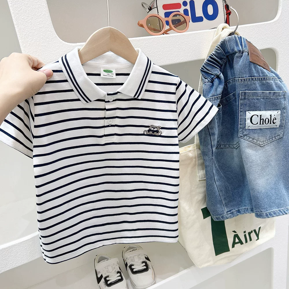 Áo polo bé trai tay ngắn, áo thun sọc hè trẻ em 2025 kiểu Hàn Quốc thời trang rộng rãi mỏng nửa tay