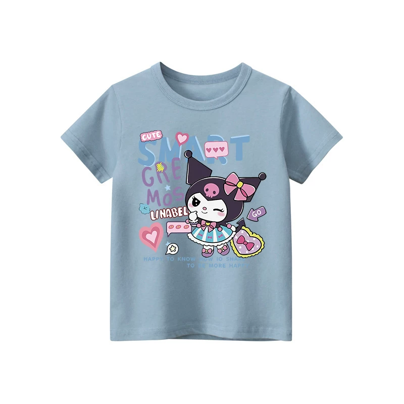 Áo thun ngắn tay 100% cotton hợp thời trang cho bé gái, kiểu dáng mỏng mùa hè, áo Kuromi thời trang cho bé gái, xu hướng quần áo trẻ em.