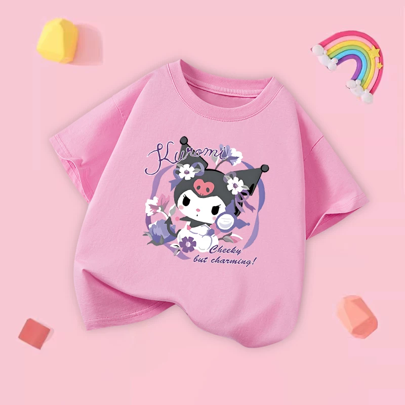 Áo thun Kuromi dành cho bé gái, phong cách mùa hè mới, nửa tay cho bé gái, phong cách dễ thương, cotton nguyên chất, trang phục mùa hè ngắn tay thoáng khí