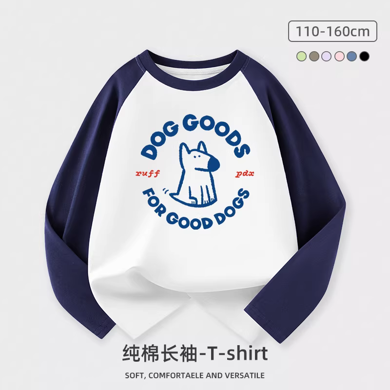 Áo thun cotton nguyên chất dài tay cho bé trai, áo lót mùa xuân thu 2025 cho bé gái và trẻ lớn hơn, áo cổ tròn họa tiết hoạt hình phối màu mùa thu