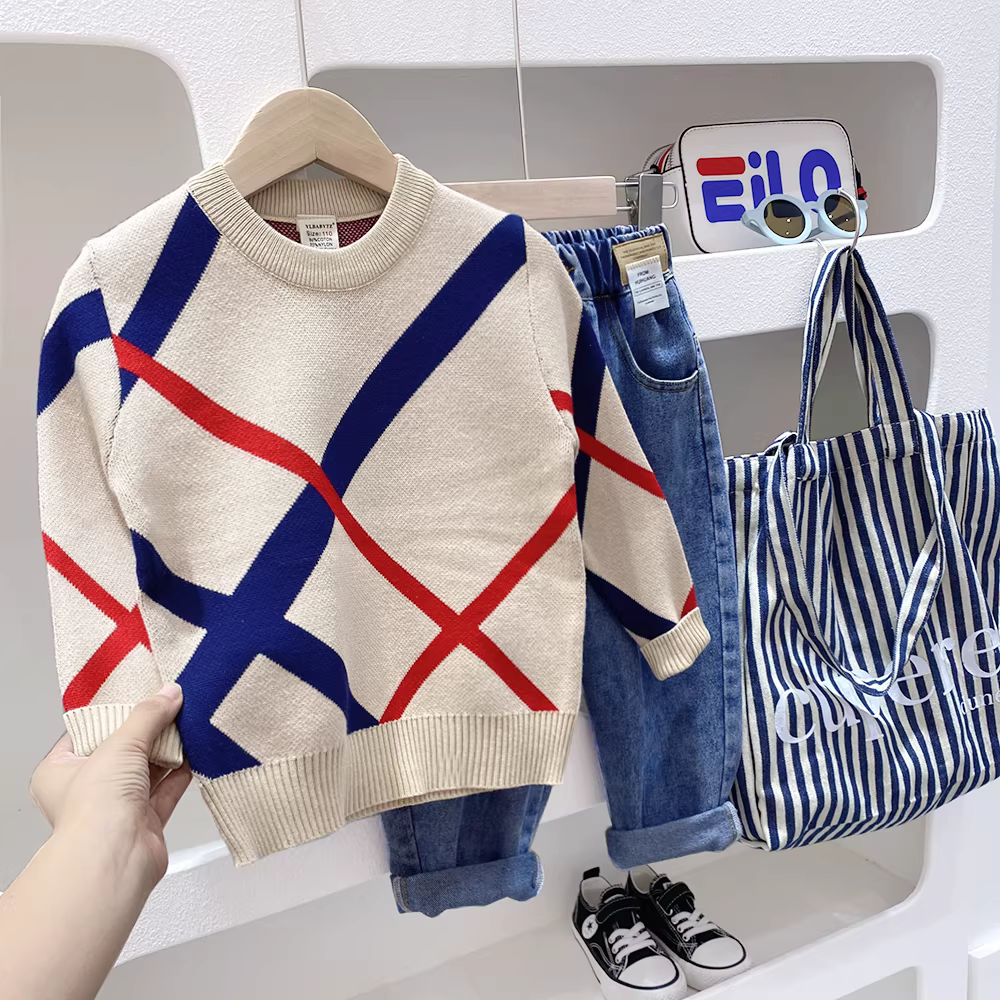 Áo len dệt kim hai lớp phối màu cổ tròn cho bé trai, mẫu mới xuân đông 2024, thời trang trẻ em