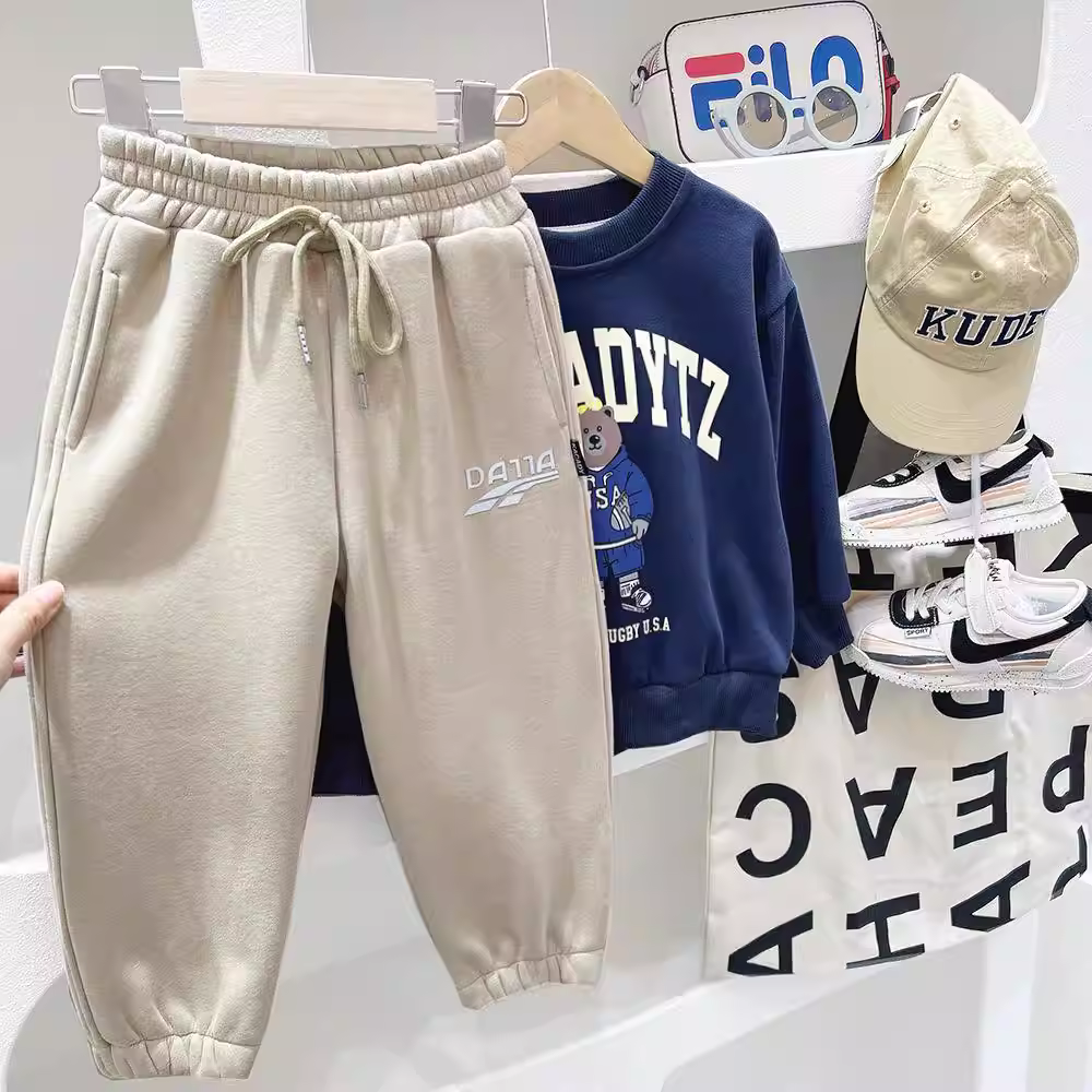 Quần jogger nỉ lót lông cừu cho bé trai, quần thể thao mùa đông mới, quần dài thời trang cho trẻ lớn