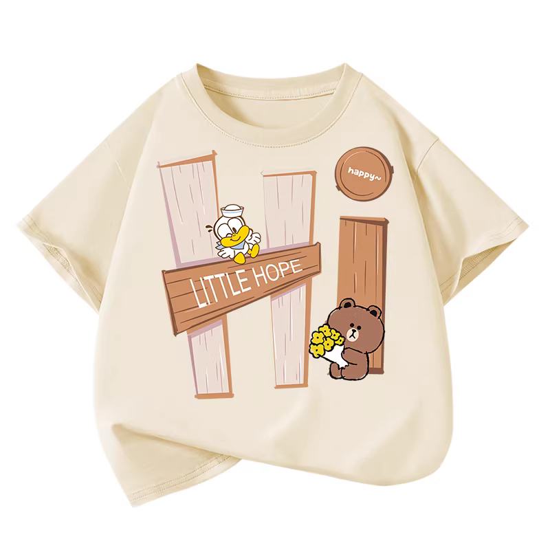 Áo thun ngắn tay Little Hope chất liệu cotton nguyên chất cho bé trai, quần áo mùa hè trẻ em 2025, quần áo trẻ em cho bé trai lớn hơn, họa tiết gấu hoạt hình, thoáng khí