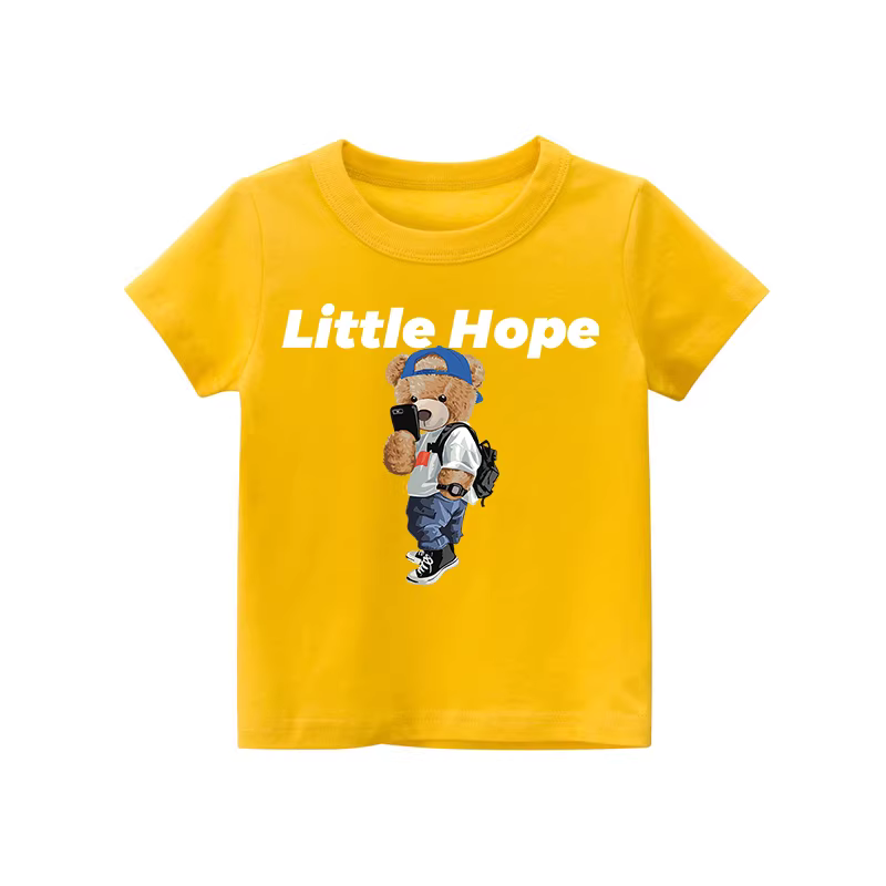 Áo thun bé trai chất liệu 100% cotton, kiểu dáng thời trang, tay ngắn, cổ tròn, chất liệu mỏng thoáng mát mùa hè, in hình gấu dễ thương, áo thun bé trai cá tính.