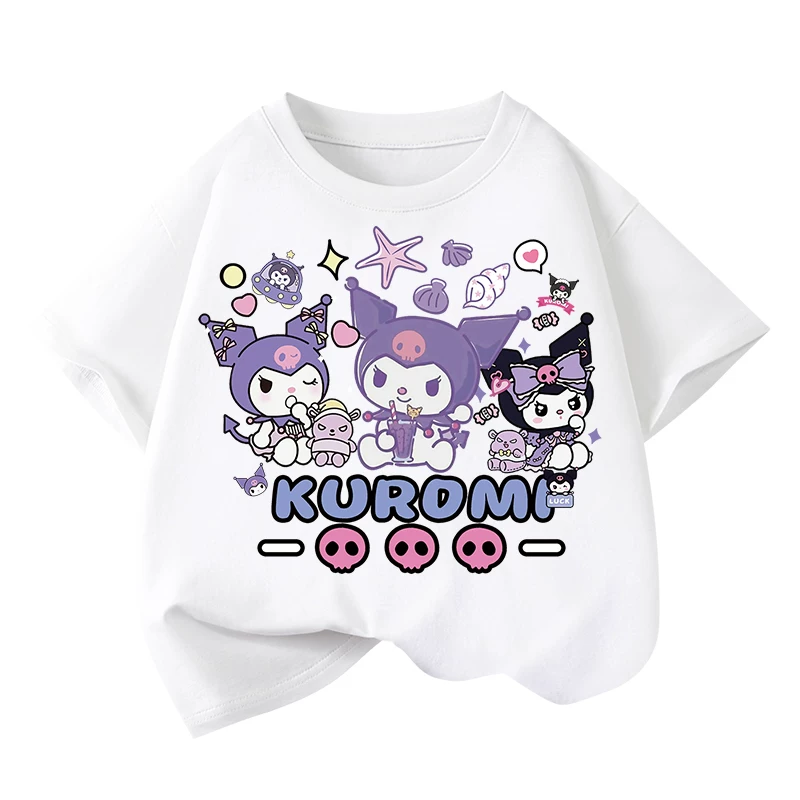 Áo thun ngắn tay 100% cotton nguyên chất cho bé gái, cổ tròn, mặc mùa hè, phong cách hoạt hình Nhật Bản, quần áo rộng rãi hợp thời trang cho trẻ lớn, tay lửng.