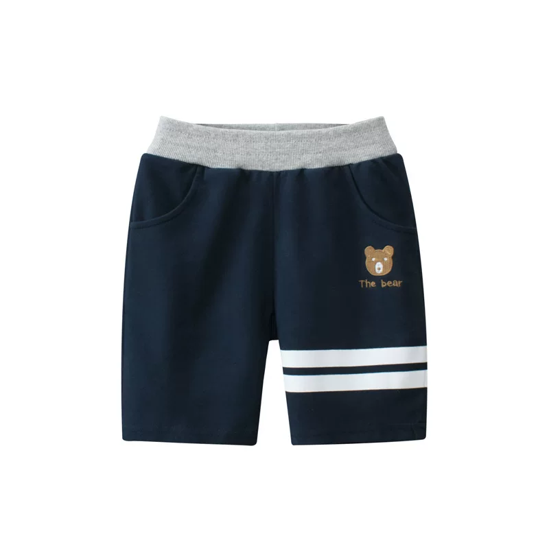 Quần đùi cotton nguyên chất cho bé trai 2025, quần trẻ em mùa hè dài đến giữa đùi, thêu hình gấu hoạt hình, quần thể thao năm phần thời trang