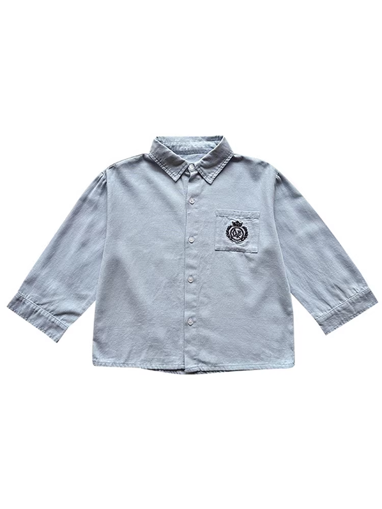 Áo sơ mi dài tay trẻ em, quần áo mùa xuân mới 2025, áo kiểu Hàn Quốc màu trơn cho bé, áo sơ mi bé trai cổ trụ thời trang xuân thu