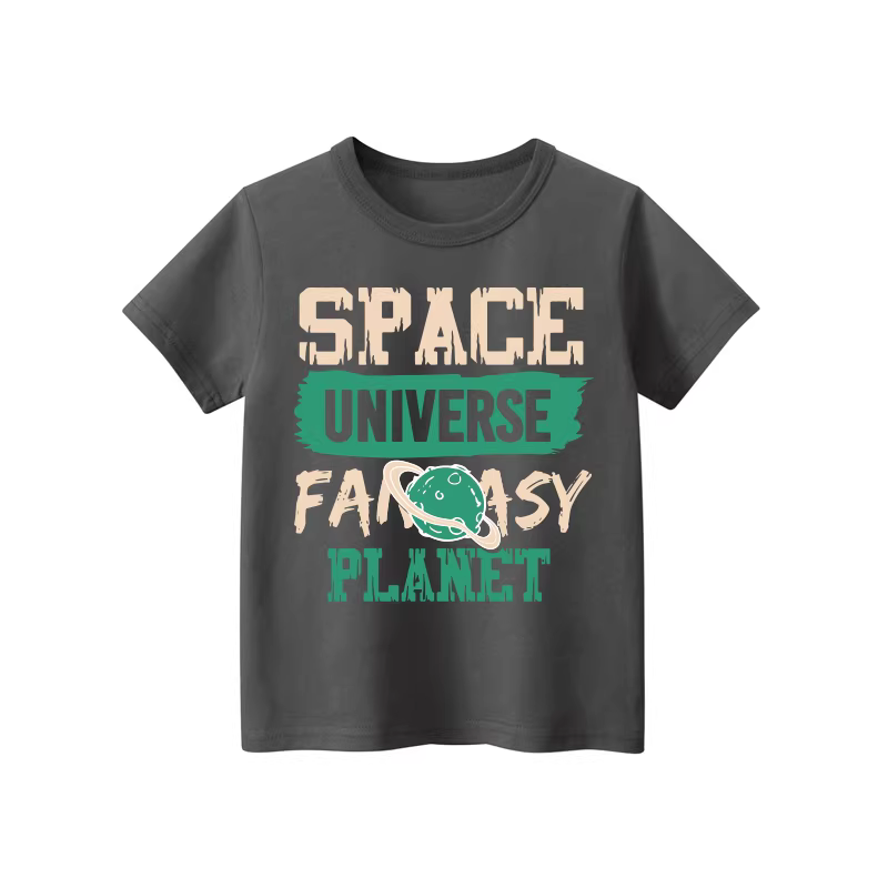 Áo thun ngắn tay cotton nguyên chất hợp thời trang cho bé trai, kiểu dáng mỏng mùa hè có chữ hành tinh vũ trụ, phong cách Hàn Quốc dành cho bé trai.