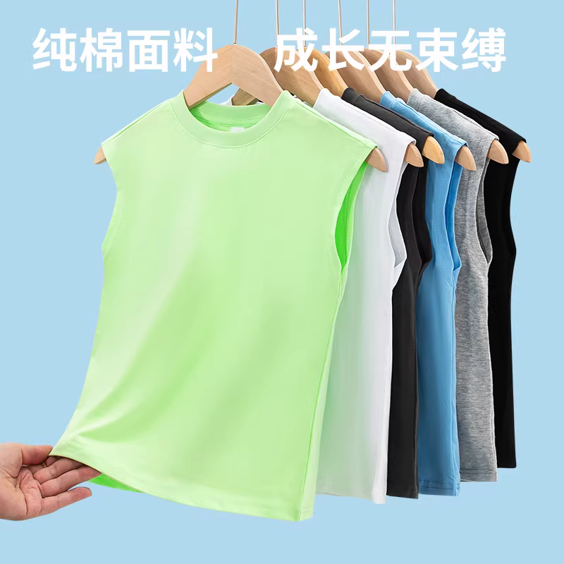 Áo thun bé trai bé gái chất liệu cotton 100%, cổ tròn, kiểu mới 2025, không tay, mỏng, mặc hè