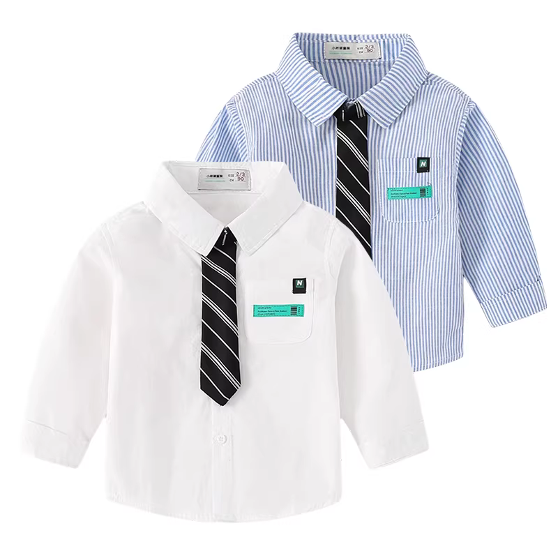 Áo sơ mi dài tay kẻ sọc cho bé trai, kiểu xuân thu, thời trang mới năm 2025, áo sơ mi trẻ em có cổ kèm cà vạt nhỏ
