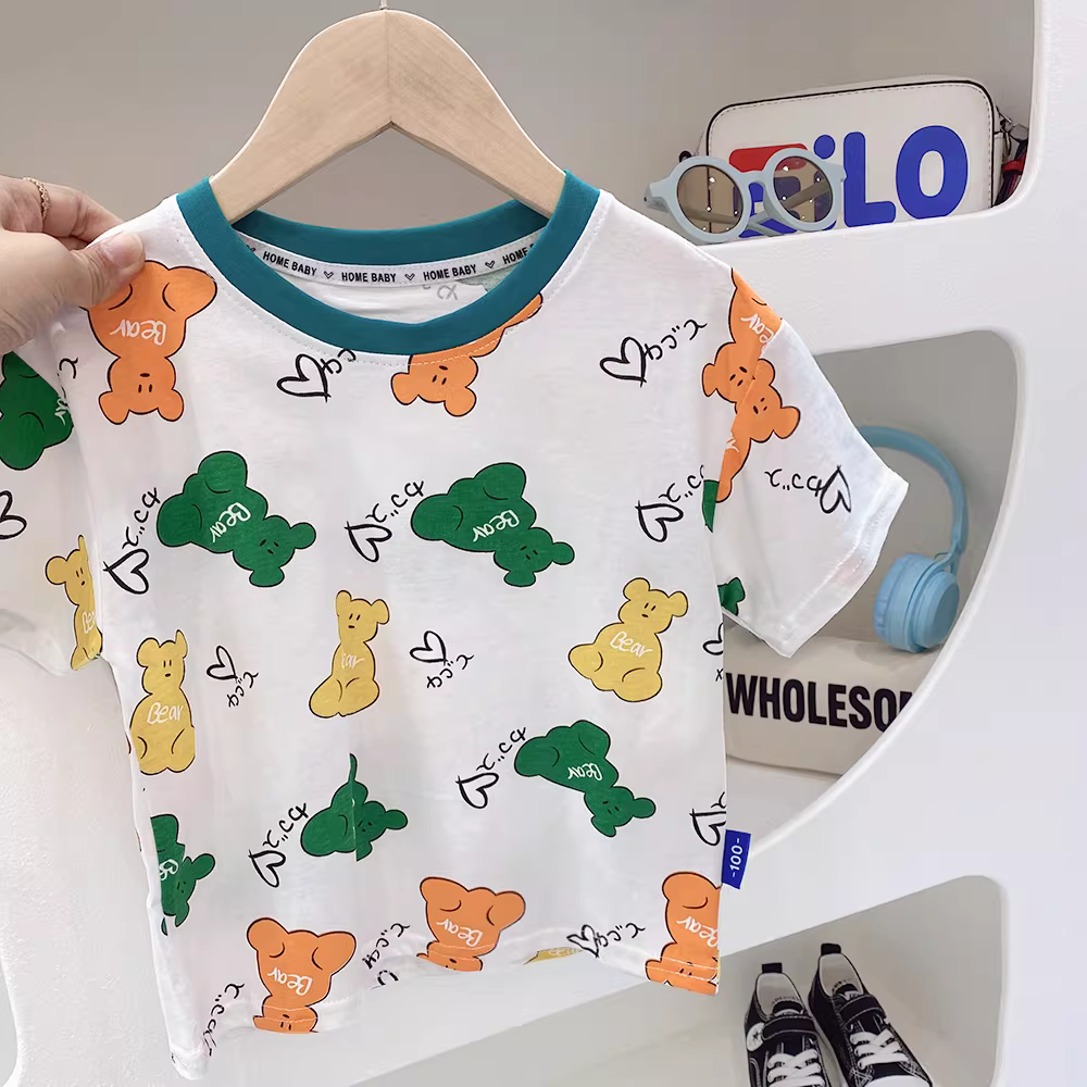 Áo thun bé trai cổ tròn tay ngắn mỏng in hình hoạt hình vui nhộn mùa hè 2025 thoáng mát thời trang