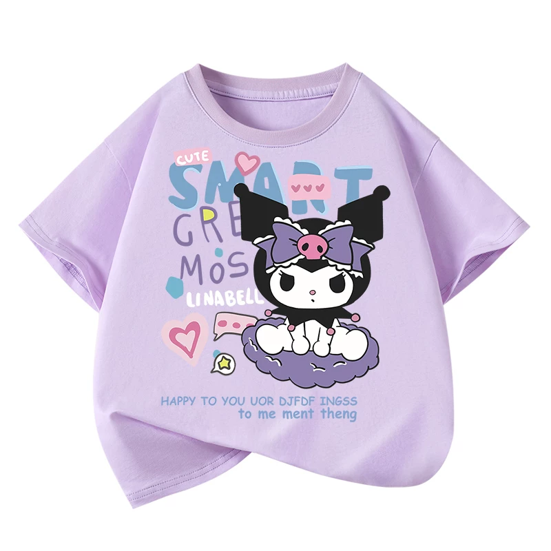 Áo thun ngắn tay thời trang cho bé gái, chất liệu cotton nguyên chất mặc mùa hè, kiểu dáng mới 2025, quần áo trẻ em cỡ trung và lớn, áo hoạt hình Kuromi dễ thương số 1