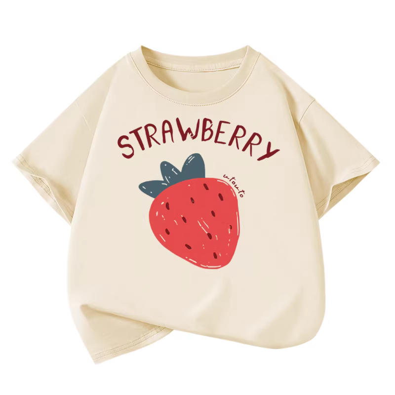 Áo thun ngắn tay cotton nguyên chất Little Hope dành cho bé gái, mùa hè, kiểu dáng xu hướng, cổ tròn, tay lửng, rộng rãi, họa tiết dâu tây