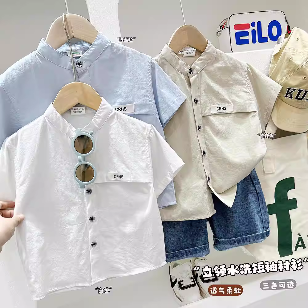 Áo sơ mi ngắn tay cotton nguyên chất cho bé trai, sản phẩm mùa hè mới dành cho học sinh, áo sơ mi cổ đứng cho bé trai và trẻ em, quần áo mùa hè, kiểu dáng thời trang và mỏng nhẹ