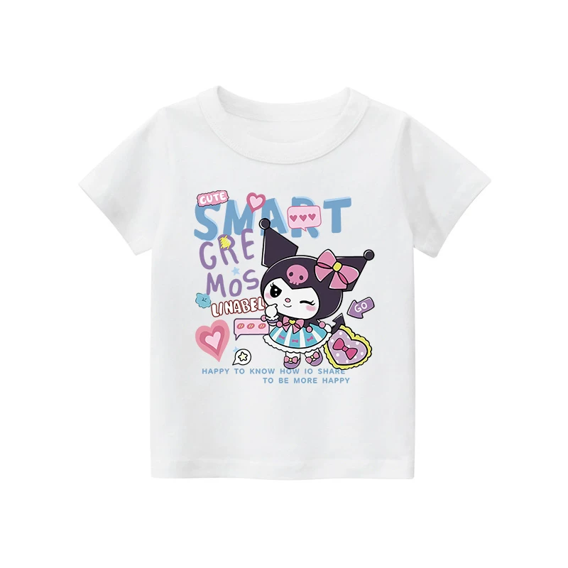 Áo thun ngắn tay 100% cotton hợp thời trang cho bé gái, kiểu dáng mỏng mùa hè, áo Kuromi thời trang cho bé gái, xu hướng quần áo trẻ em.