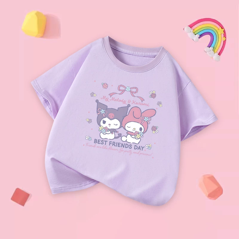 Áo thun Kuromi dành cho bé gái, phong cách mùa hè mới, nửa tay cho bé gái, phong cách dễ thương, cotton nguyên chất, trang phục mùa hè ngắn tay thoáng khí