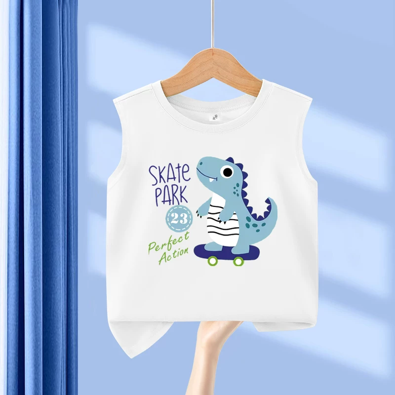 Áo thun bé trai chất liệu cotton 100%, họa tiết khủng long hoạt hình năm 2025, tay ngắn, mùa hè, dáng rộng, thoáng khí, size trung và lớn